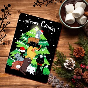 Katzen Weihnachtskarte , Postkarte, Meowy Catmas, glänzend, Weihnachtsbaum und Katze