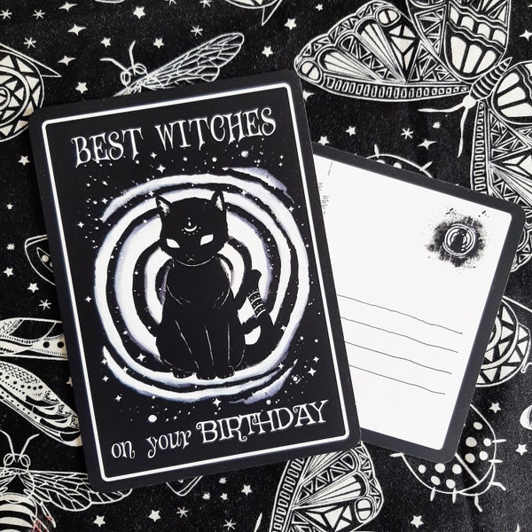 Samtig weiche Gothic Katzen Postkarte, Geburtstagskarte für Hexen, Grußkarte