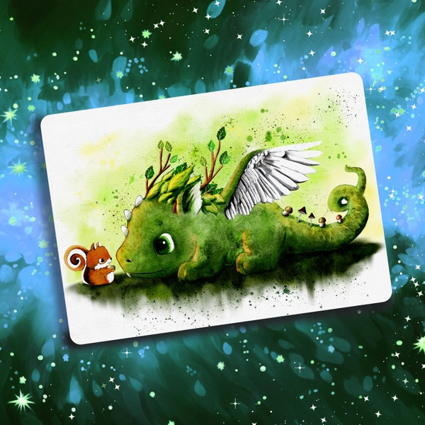 Drachen Aquarell Postkarte, Flora Walddrache, Samtig weiche Grußkarte, Natur, Eichhörnchen