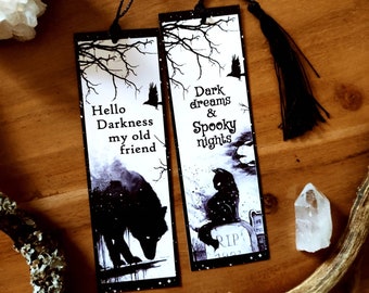 Cats and wolf bookmark, printed on both sides, gothic, moonlight