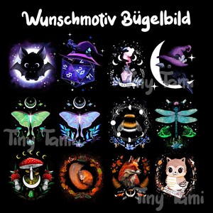 Gothic Bügelbild Wunschmotiv von Tiny Tamis Artworks Wähle ein Design Krähe Fledermaus Pilze Eule Fuchs Applikation Print on demand
