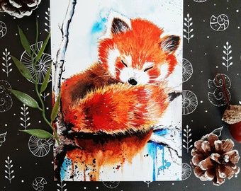 Roter Panda Postkarte in Aquarell, Katzenbär, Geburtstagskarte, Taufkarte, Geburt