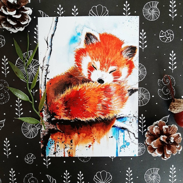 Roter Panda Postkarte in Aquarell, Katzenbär, Geburtstagskarte, Taufkarte, Geburt
