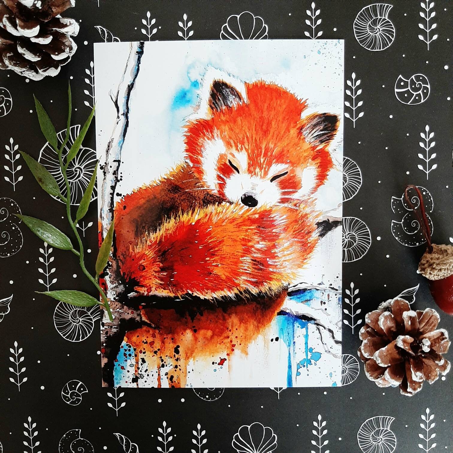 Panda Rouge Carte Postale A Aquarelle Ours Chat Carte Etsy Canada