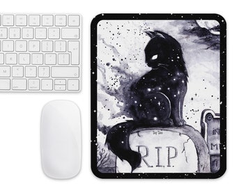 Gothic cat mousepad, cemetery cat mousepad, textile fabric, 18 x 22, upright, print on demand