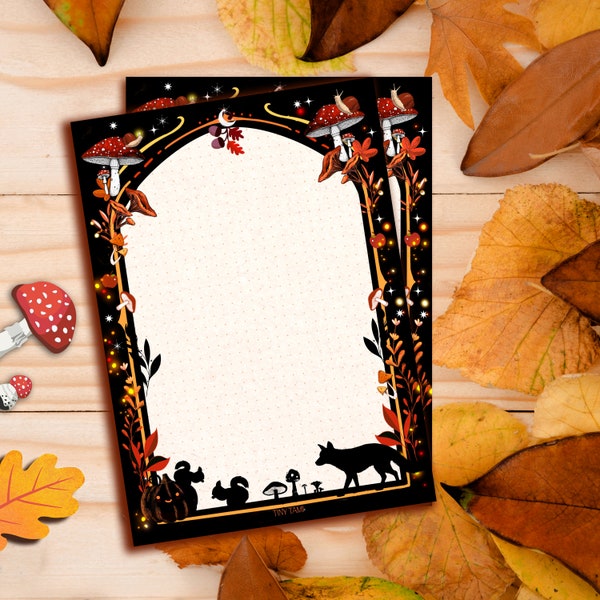 COZY AUTUMN,  Notizblock A5, punktkariert, 50 Blatt, Herbst mit Pilzen und Waldtieren