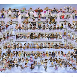 May include: A colourful illustration of a large group of musicians playing instruments in a heavenly setting. The musicians are arranged in rows on clouds with white pillars behind them. The musicians are all wearing halos and are playing a variety of instruments, including guitars, drums, keyboards, and horns.
