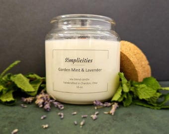 16oz Garden Mint & Lavender Handmade Nontoxic Candle with Wooden Wick