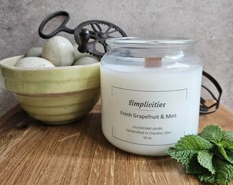 Fresh Grapefruit & Mint 16oz Soy Blend Candle Handmade Nontoxic with Wooden Wick