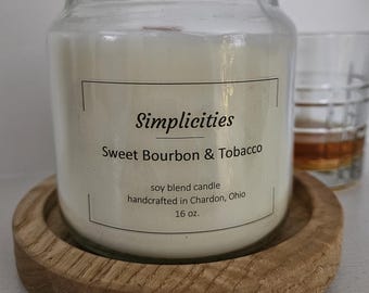 16oz Handmade Nontoxic Soy Blend Sweet Bourbon & Tobacco Candle with Wooden Wick