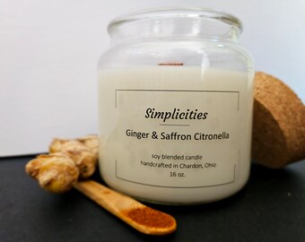 Ginger & Saffron Citronella 16oz Nontoxic Soy Blend Handmade Candle with Wooden Wick