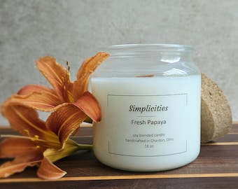 Fresh Papaya 16oz Soy Blend Candle Handmade Nontoxic with Wooden Wick