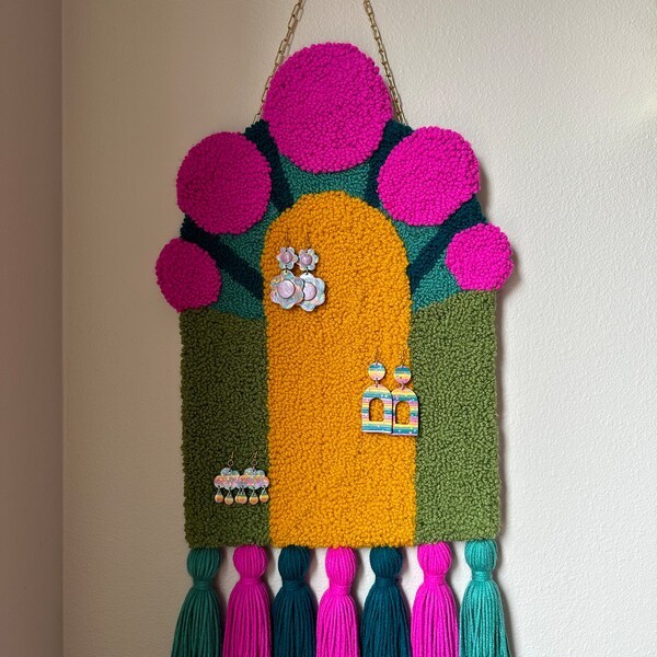 Hand Tufted Punch Needle Groovy Mod Wall Hanging/ Earring Holder