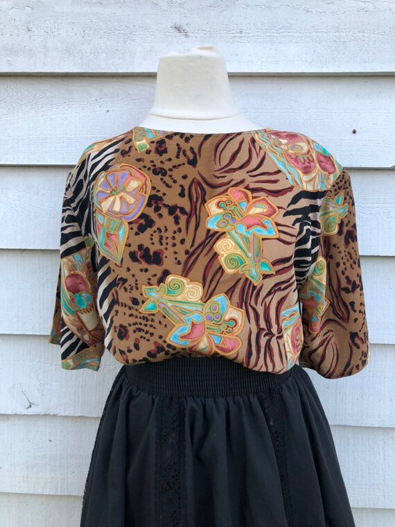 Vintage silk novelty print blouse by Tess, tagged