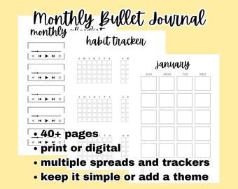 Monthly Bullet Journal Instant Download 40+ Pages Planner Digital Printable