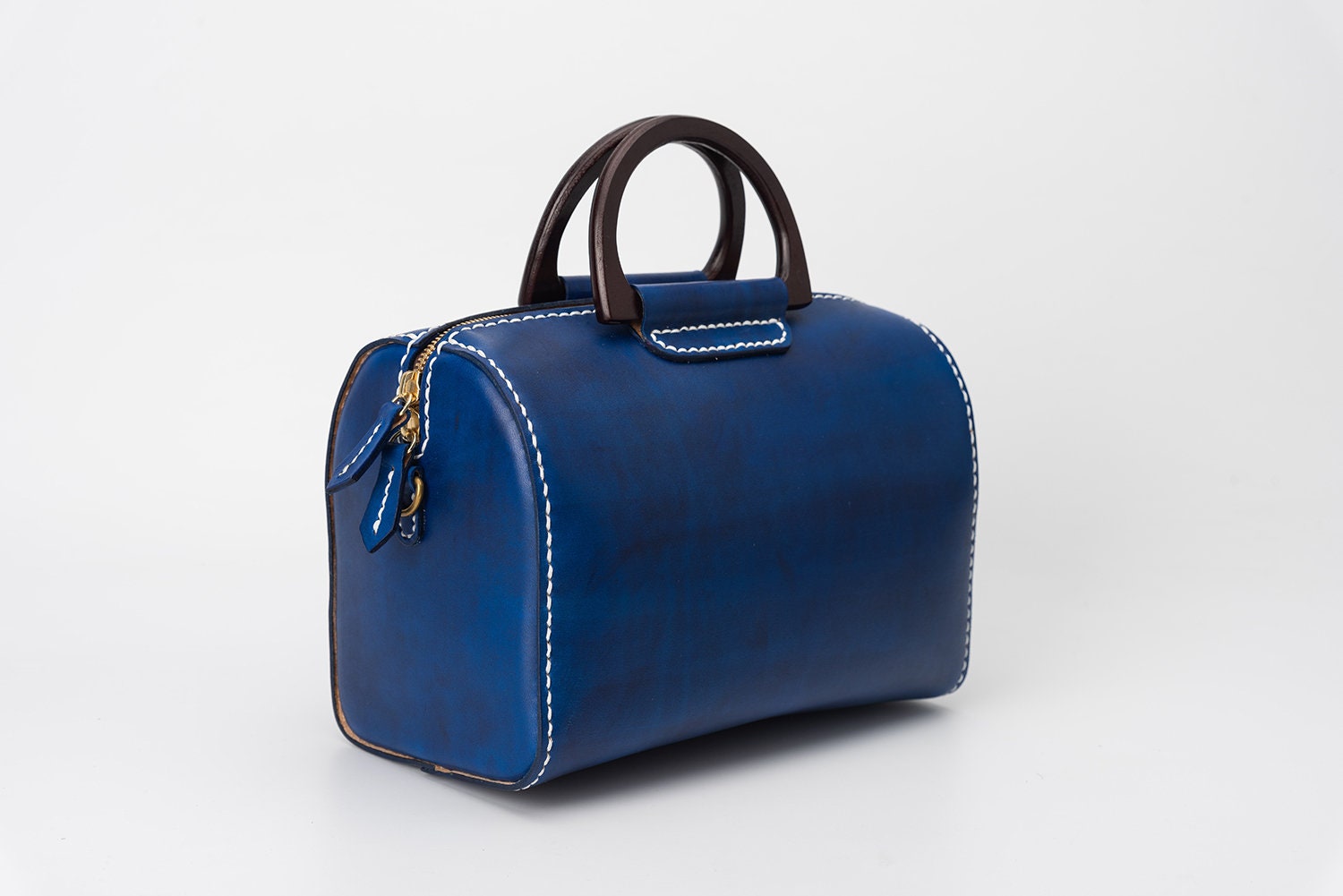 バッグ REHARE hand made leather Boston bag Handmade Blue Leather Barrel Bag: Mini Boston Bag With Wooden