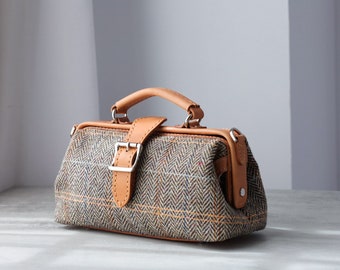 Wool & Leather Doctor Bag: Herringbone Tweed Crossbody Purse