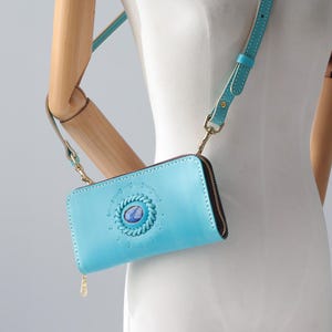 Cartera de piel con cremallera y labradorita: bolso de mano y bandolera convertible