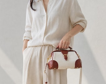 Canvas Leather Doctor Bag, Handmade Crossbody Purse, Everyday Shoulder Bag, Casual Handbag for Women