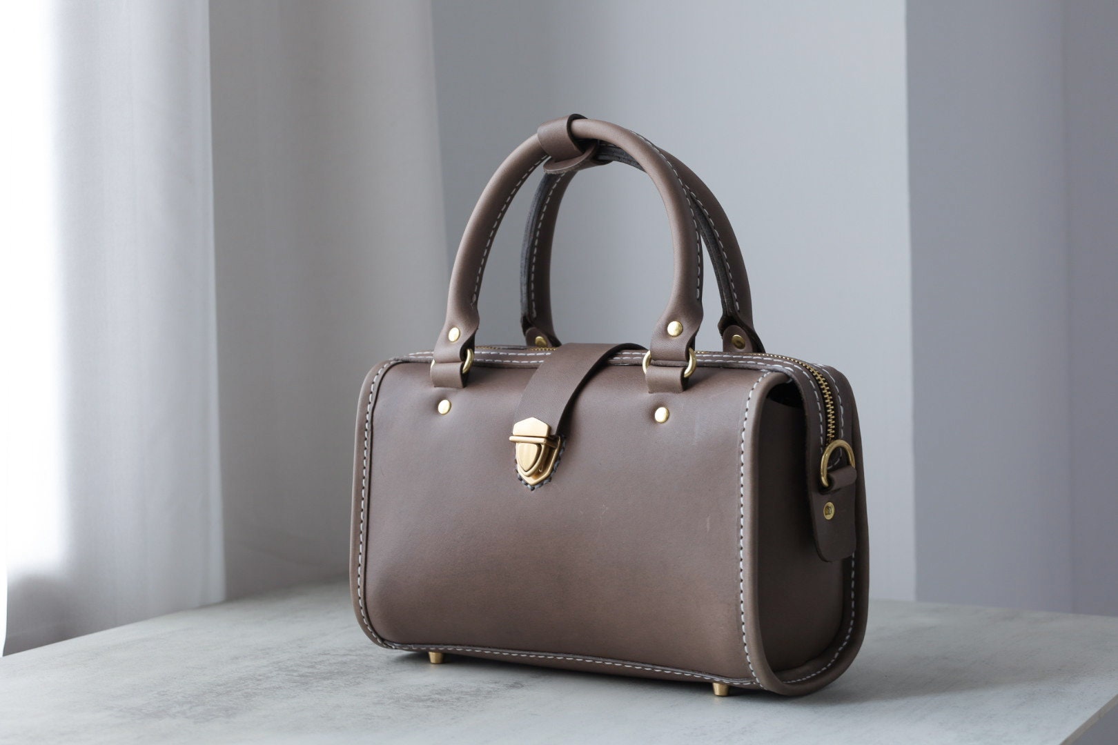 Handmade Leather Mini Boston Bag: Gray Barrel Bag With Top Handle