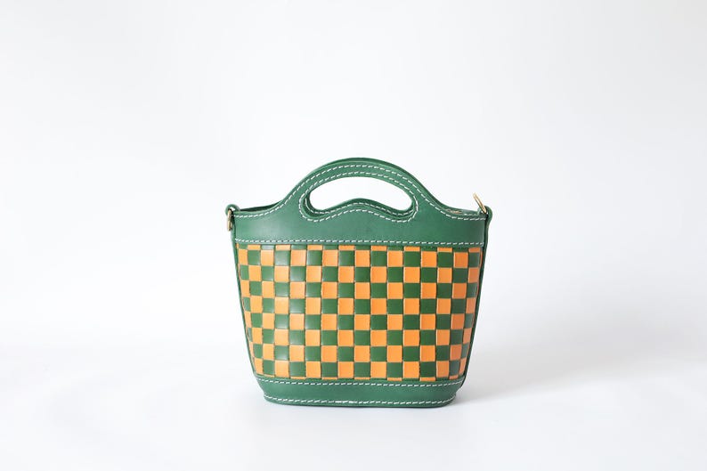 Handmade Woven Leather Basket Bag: Checkered Shoulder Purse image 16