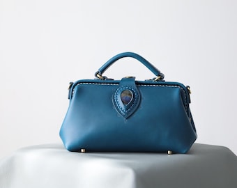 Blue Leather Doctor Bag with Labradorite Stone: Full Grain Leather Purse