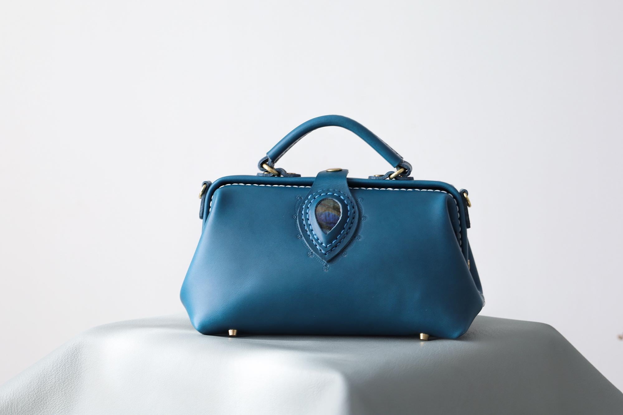 Blue Leather Doctor Bag With Labradorite Stone: Full Grain Leather