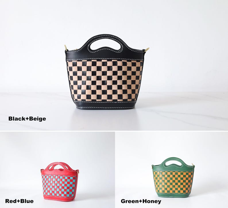 Handmade Woven Leather Basket Bag: Checkered Shoulder Purse image 5