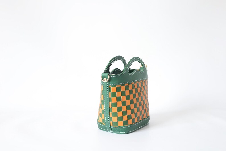 Handmade Woven Leather Basket Bag: Checkered Shoulder Purse image 17