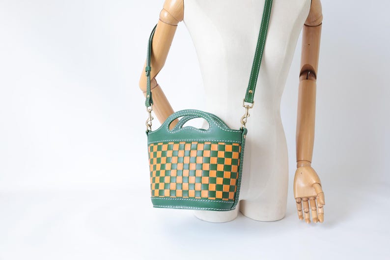 Handmade Woven Leather Basket Bag: Checkered Shoulder Purse image 19