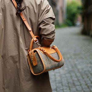 Mini Boston Bag - Damen Wollleder Tasche Handgefertigte Leder und Harris Tweed Umhängetasche Top Henkel Tasche Jeden Tag tragen
