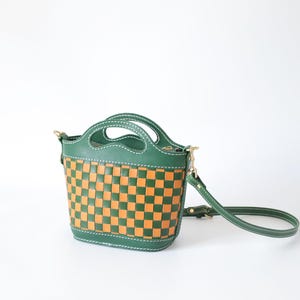 Handmade Woven Leather Basket Bag: Checkered Shoulder Purse Green+Honey