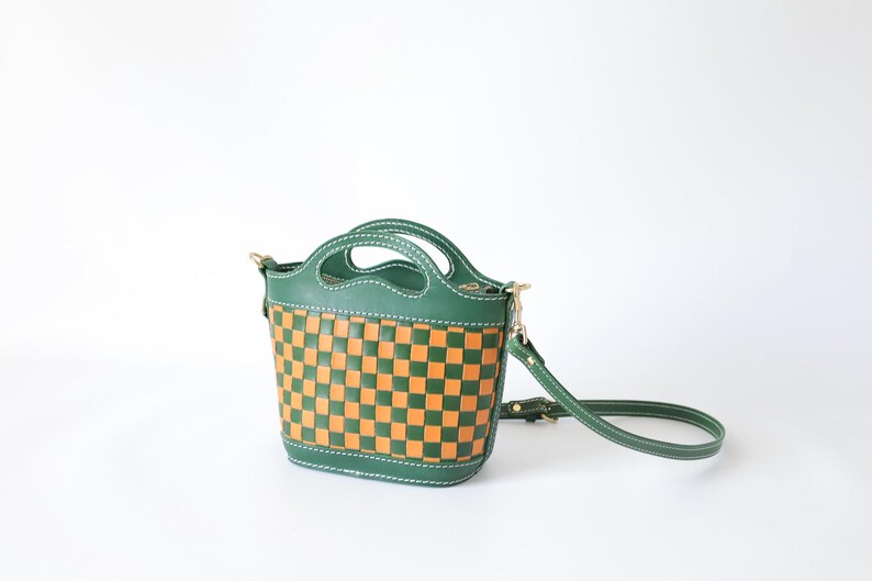 Handmade Woven Leather Basket Bag: Checkered Shoulder Purse Green+Honey