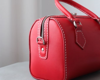 Mini Boston Bag- Women's Cowhide Leather Barrel Bag Handmade