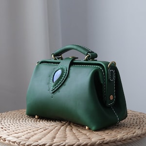 Green Leather Doctor Bag with Labradorite Stone - Handmade Full Grain Purse