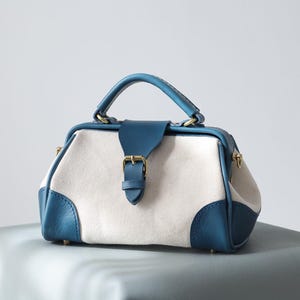 Lady's Canvas Leder Arzt Tasche Frauen Crossbody Tasche, Top Griff Tasche, lange Riemen Geldbörse, Umhängetasche Blau