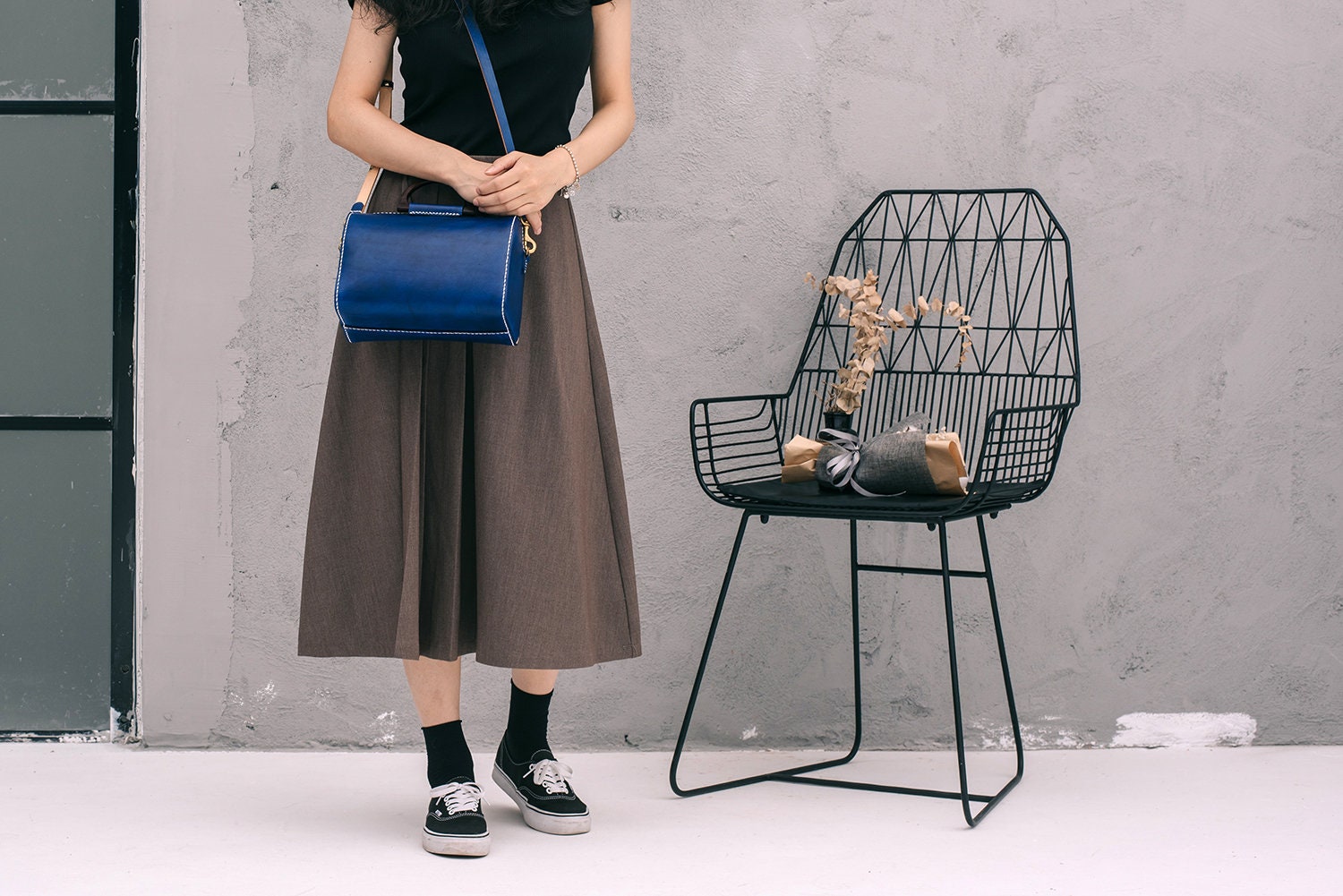 Handmade Blue Leather Barrel Bag: Mini Boston Bag With Wooden