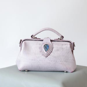 Purple Leather Doctor Bag with Labradorite Stone - Full Grain Leather Purse