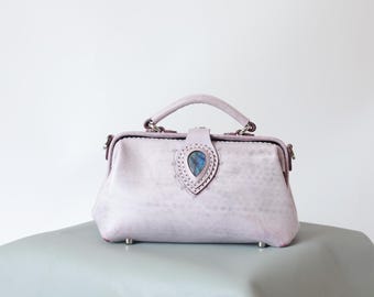 Purple Leather Doctor Bag with Labradorite Stone - Full Grain Leather Purse