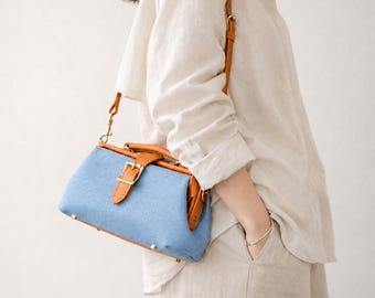 Handmade Denim & Leather Doctor Bag: Vintage Style Crossbody Purse