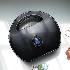 Handmade Leather Handbag with Labradorite Gemstone: Round Shoulder Bag