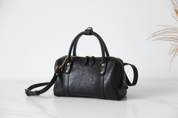 Handmade Black Leather Barrel Bag: Women's Mini Boston Bag
