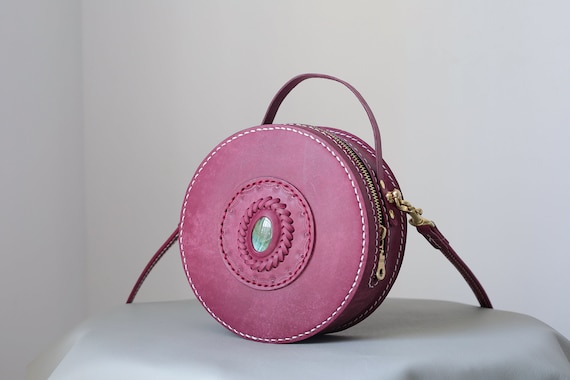 Leather Round Bag With LABRADORITE Zippered Circle Purse off Shoulder Bag Monogram Leather Bag Every Day Carry Etsy Ireland