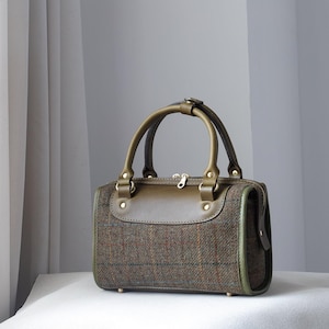 Mini Boston Bag - Damen Wollleder Tasche Handgefertigte Leder und Harris Tweed Umhängetasche Top Henkel Tasche Jeden Tag tragen