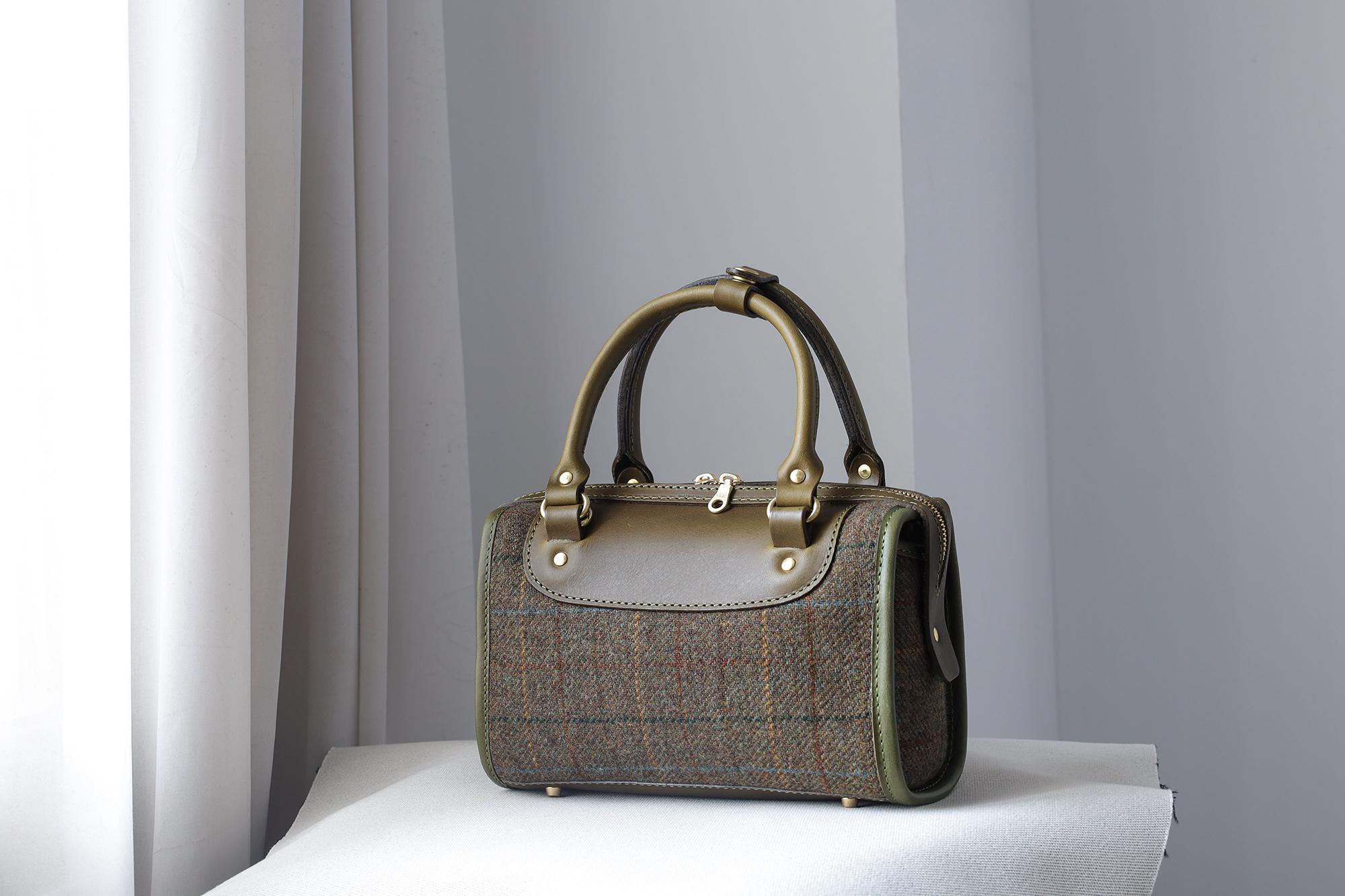 Handmade Harris Tweed Boston Bag: Leather Top Handle
