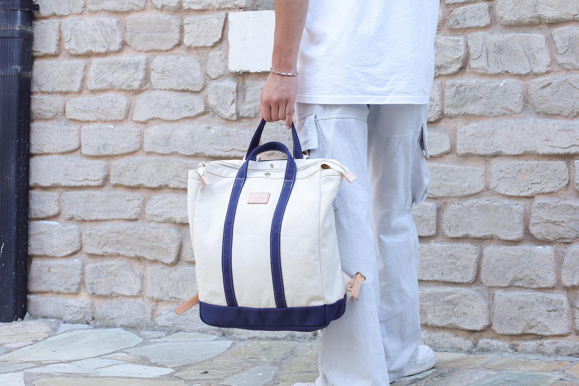 Convertible Canvas Leather Tote Backpack: White & Blue  display picture 1