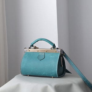 Vintage Style Blue Leather Doctor Bag: Handmade Full-Grain Purse