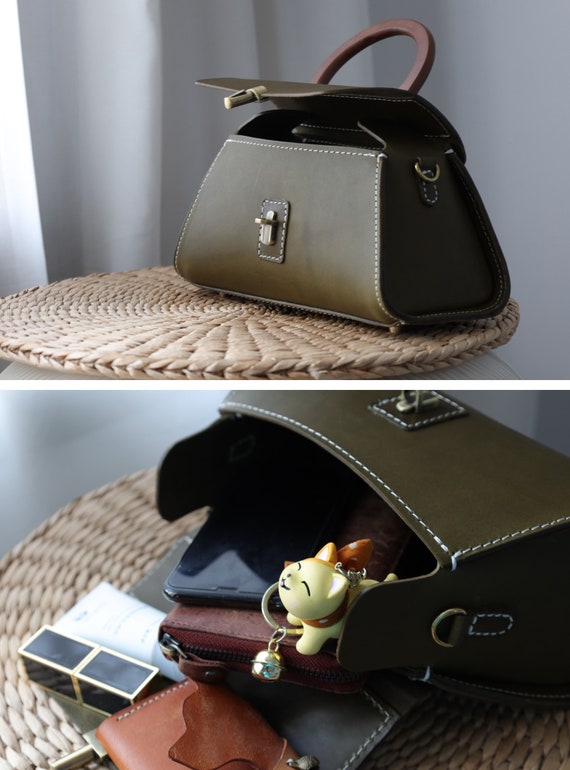 Bolso De Mano Tejido Para Mujer - Cuero Vegano Verde Oliva Con Asa Superior Extraíble