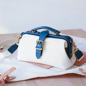 Lady's Canvas Leather Doctor Bag Women Crossbody Bag, Top Handle Bag, Long Strap Purse, Shoulder Bag Blue