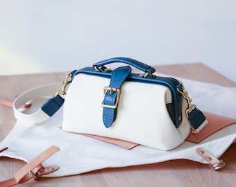 Lady's Canvas Leather Doctor Bag Women Crossbody Bag, Top Handle Bag, Long Strap Purse, Shoulder Bag Blue